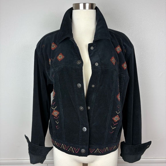 Carole Little Sport Azteca Corduroy Jacket Size 14 Black Beaded Native American - Picture 3 of 17